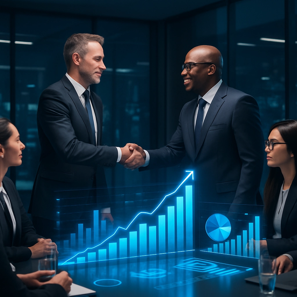 A realistic image of a confident CIO in a business suit shaking hands with a CEO in a futuristic boardroom, with holographic graphs and revenue charts floating above the table. The image should show a diverse team of professionals looking at digital growth projections. Absolutely NO TEXT, LETTERS, OR WORDS. Emphasize professional, modern, and collaborative atmosphere.