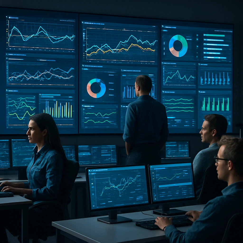 A realistic image of a futuristic command center with large screens displaying real-time data analytics and predictive maintenance charts. Engineers and IT staff are monitoring the systems, wearing casual but professional attire. The focus is on readiness and resilience. Ensure NO TEXT, LETTERS, OR WORDS appear in the image.
