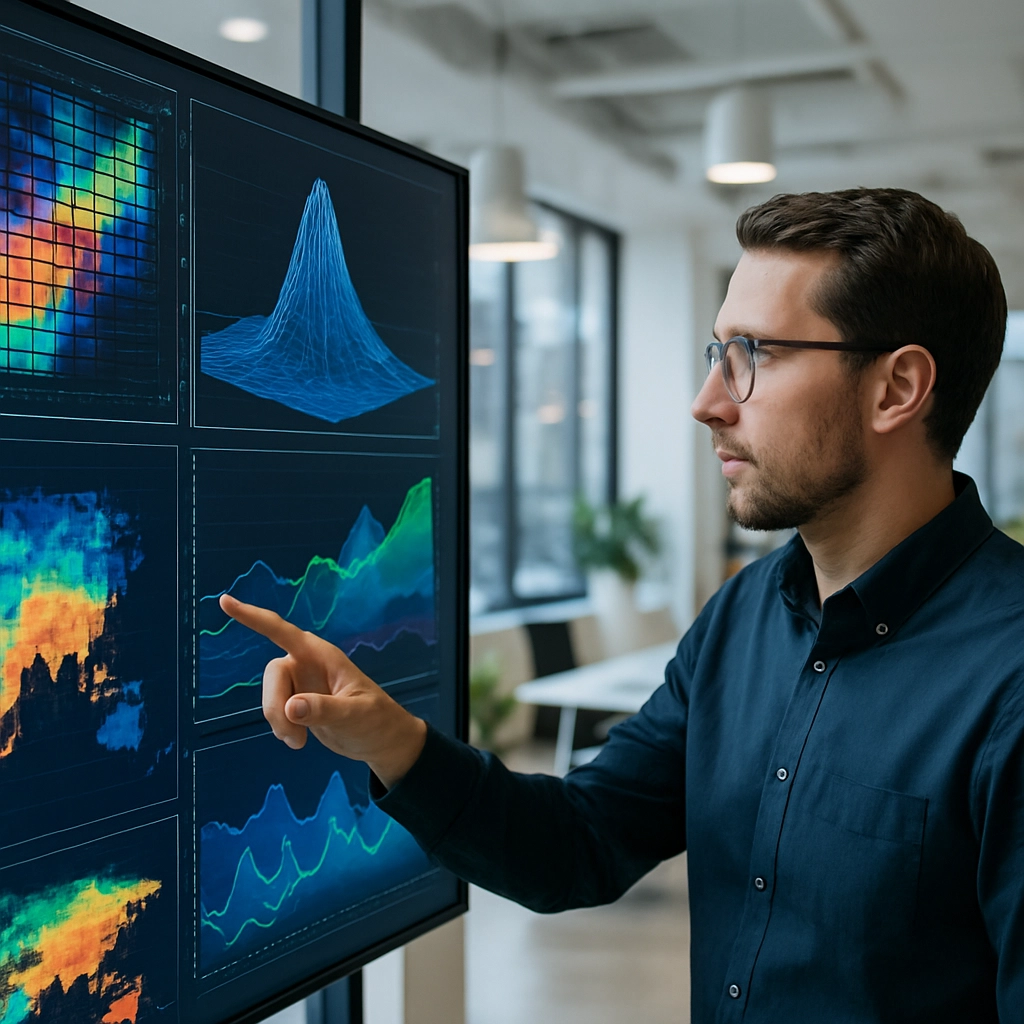 A realistic image of a data scientist in a modern analytics office, pointing at a large interactive touchscreen with complex 3D data visualizations, graphs, and heatmaps. The scene is brightly lit with modern furniture. The focus is on the human and AI collaboration for business insights. Absolutely NO superimposed text or letters.