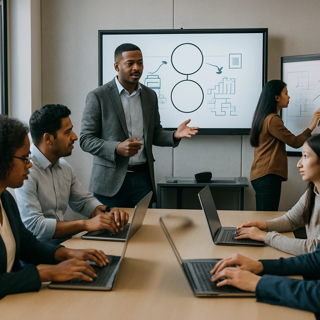 A realistic image of a diverse team of professionals in a modern training room, working together on laptops and interactive whiteboards. The atmosphere shows collaboration and learning, with a presenter explaining a digital transformation framework on the screen. No text or words should be visible in the image.