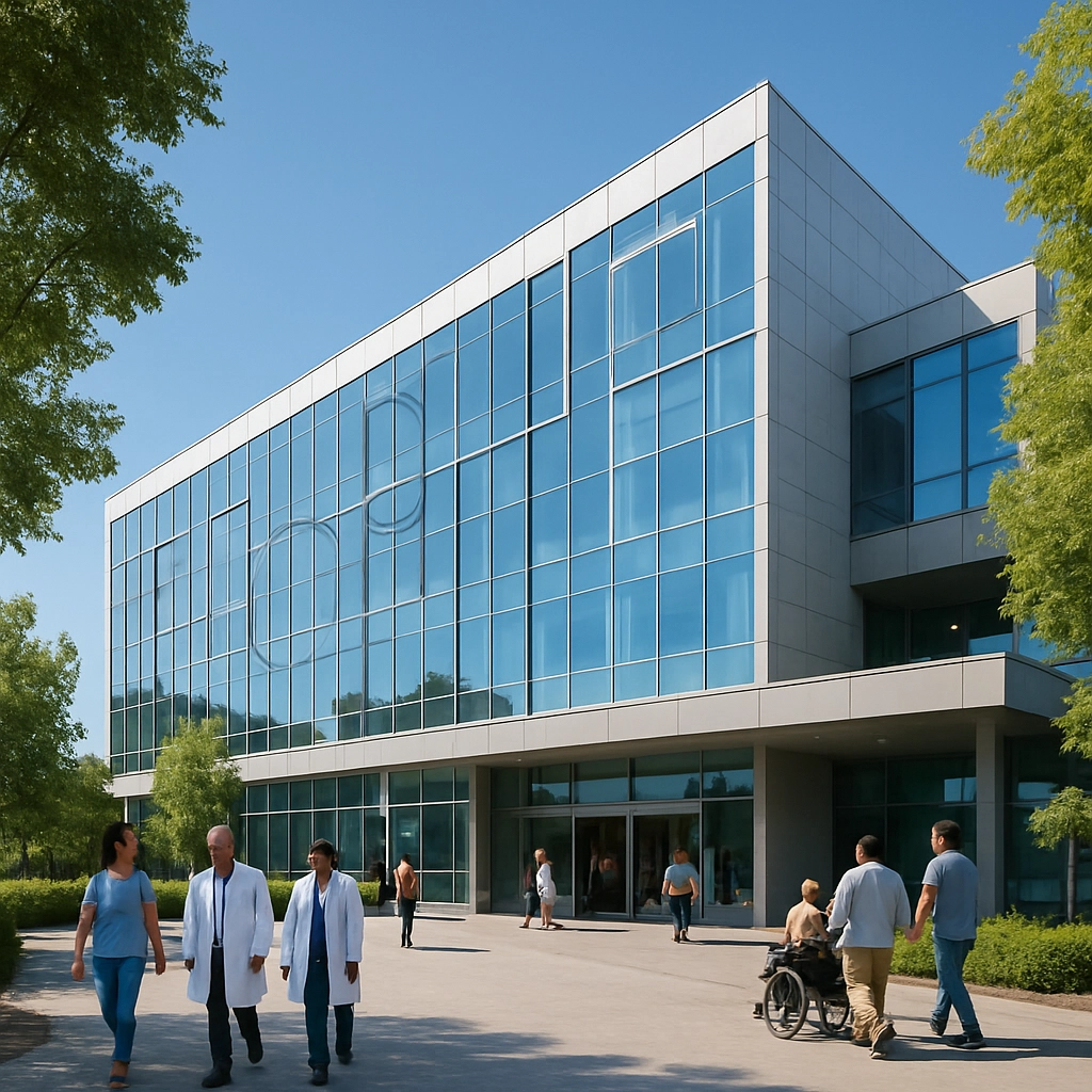 A photorealistic wide shot of a modern, glass-fronted hospital building in Valencia, Spain, with the words 'Hospital Digital' subtly implied through the architecture. The entrance is welcoming, with a diverse group of people – doctors, patients, and families – walking in and out. The sky is clear and blue, and the building is surrounded by green trees, symbolizing health and sustainability. No text or letters are visible in the image, only the harmonious blend of nature and modern healthcare infrastructure.