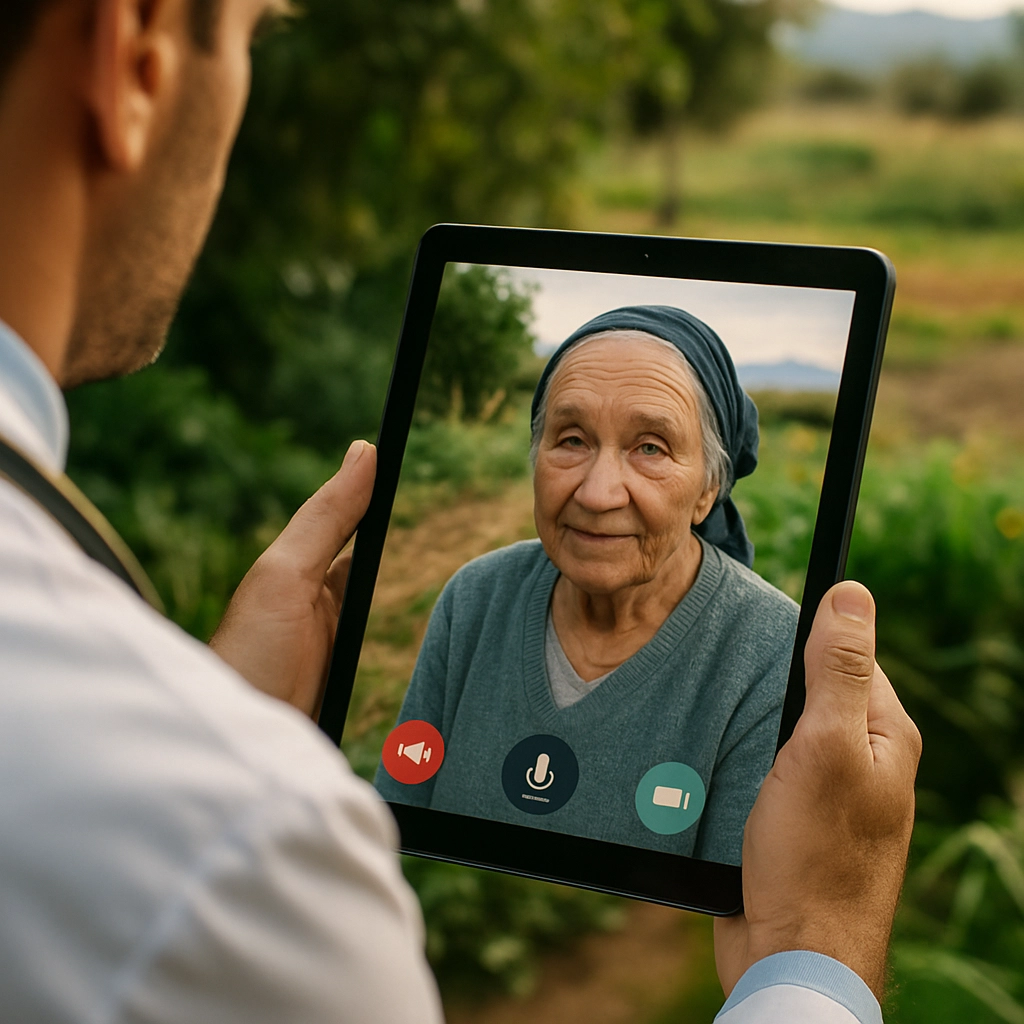A close-up of a doctor and a patient having a video call on a tablet in a garden setting. The patient is an elderly woman in a rural area, shown on the screen. The tablet's interface is simple, with large icons and a voice command button highlighted. The background shows a peaceful Valencian countryside. The image should convey empathy, connectivity, and how technology bridges distances. Absolutely no text, letters, or words should appear on the screen or anywhere else.