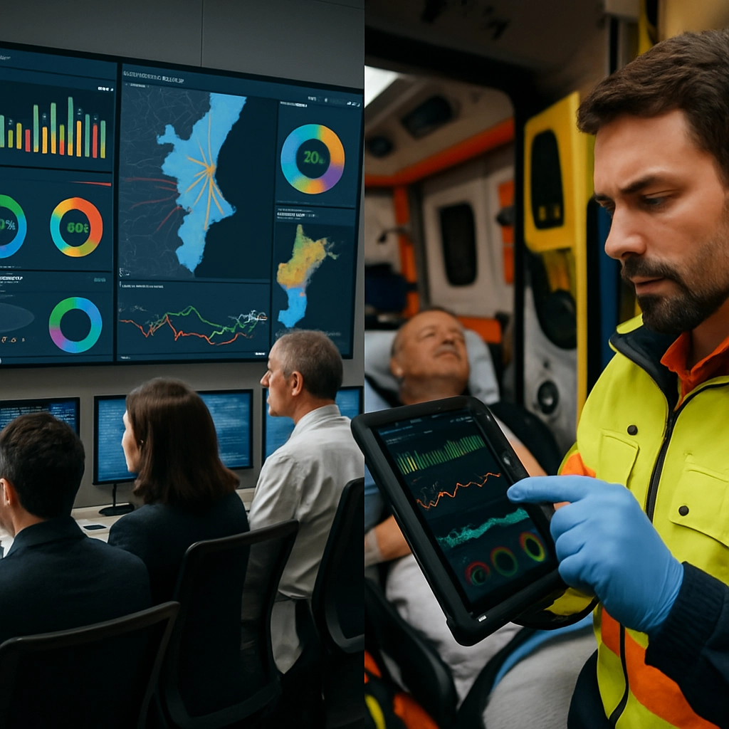 A split-screen image. On the left, a modern hospital command center with large monitors displaying real-time health data dashboards and maps of the Valencian region, showing patient flow. On the right, a paramedic using a rugged tablet to transmit a patient's vital signs from an ambulance to the hospital before arrival. The scene is dynamic, professional, and high-tech. No text, letters, or words should be visible on the screens or tablets, only colors and data visualizations.
