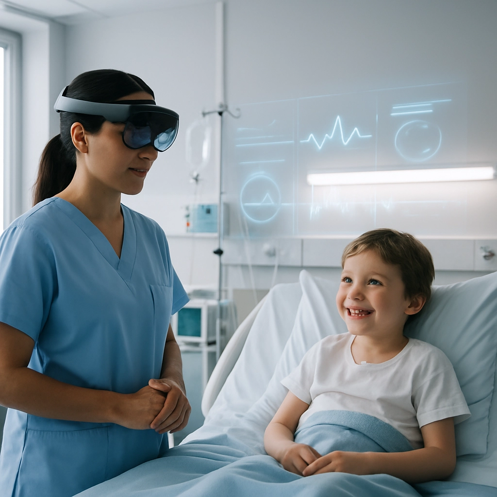 A futuristic, clean hospital room where a nurse is using a transparent augmented reality (AR) headset. The AR display projects vital signs and patient information holographically above the bed, without any visible text or letters. The patient, a young child, is smiling and looking at the holograms with curiosity. The lighting is soft and natural. The image should look realistic and focus on the seamless integration of AR technology in medical care to improve efficiency and reduce errors.