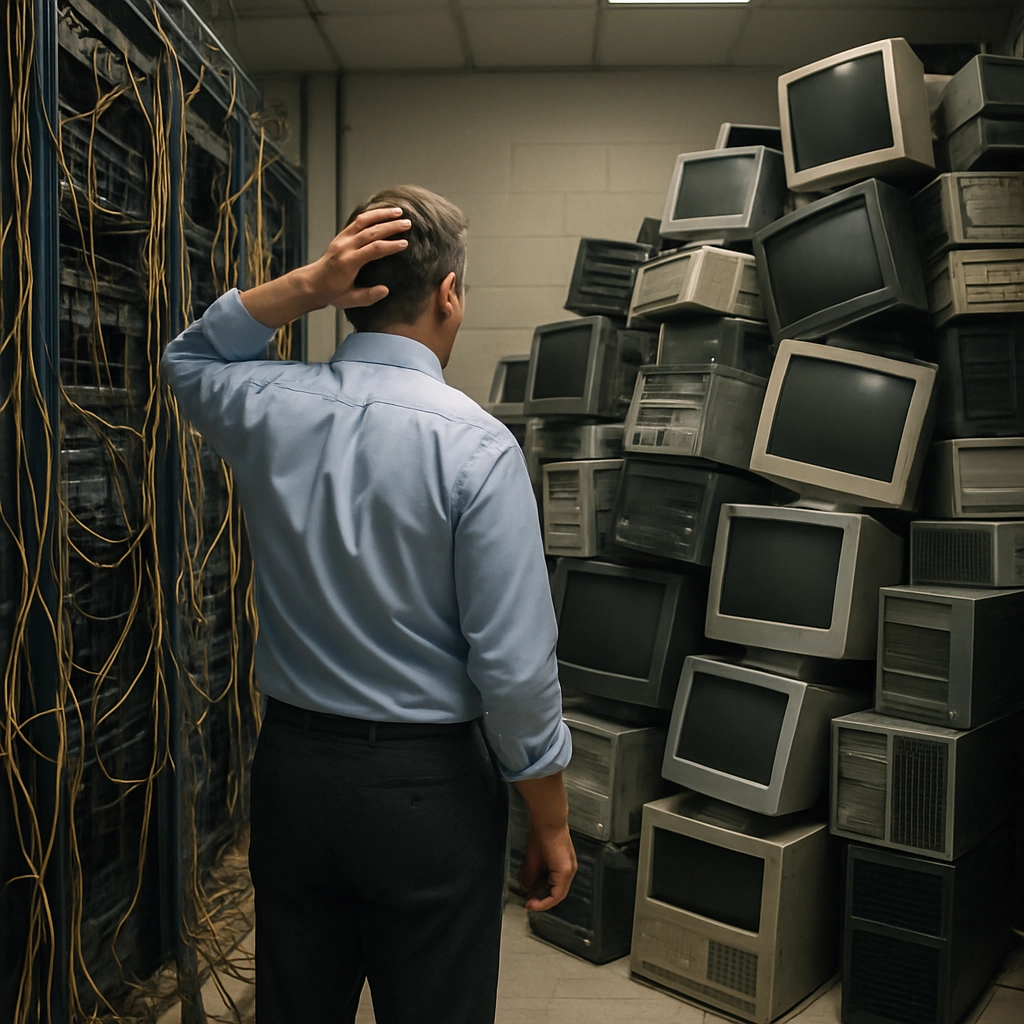 A realistic, high-quality image of a chaotic server room with tangled cables and a frustrated IT manager looking at a huge pile of old computer monitors and servers, symbolizing the trap of confusing technology refresh with true transformation. The image must contain NO TEXT, LETTERS, OR WORDS.