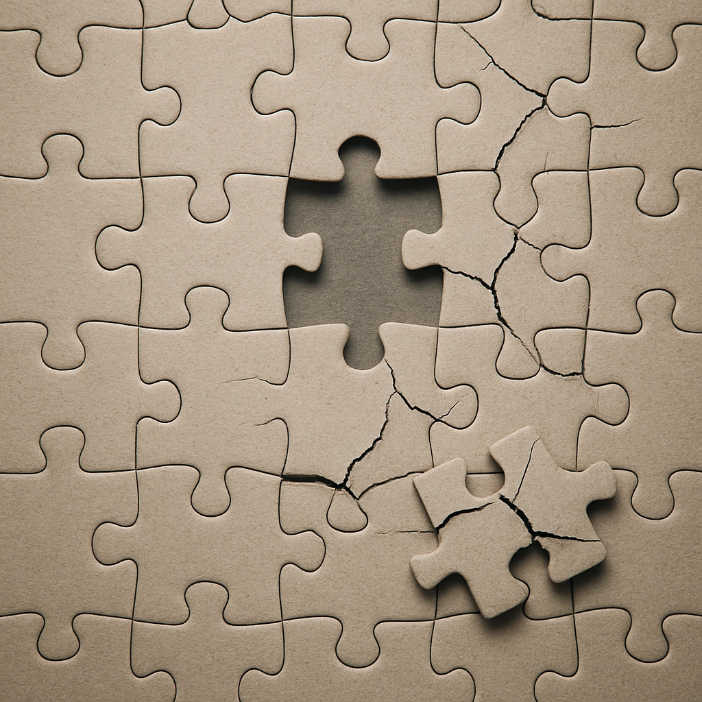 A realistic, high-quality image of a large, complex puzzle with most pieces fitting perfectly but one central piece is missing and a few are broken, symbolizing the risks of a 'Big Bang' monolithic modernization approach versus incremental integration. The image must contain NO TEXT, LETTERS, OR WORDS.