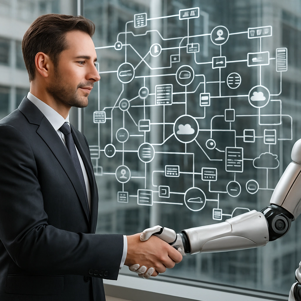 A realistic, high-quality image of a besuited executive shaking hands with a robotic arm while a complex, multi-vendor network diagram is reflected in the window behind them, symbolizing the trap of vendor lock-in versus true strategic independence. The image must contain NO TEXT, LETTERS, OR WORDS.
