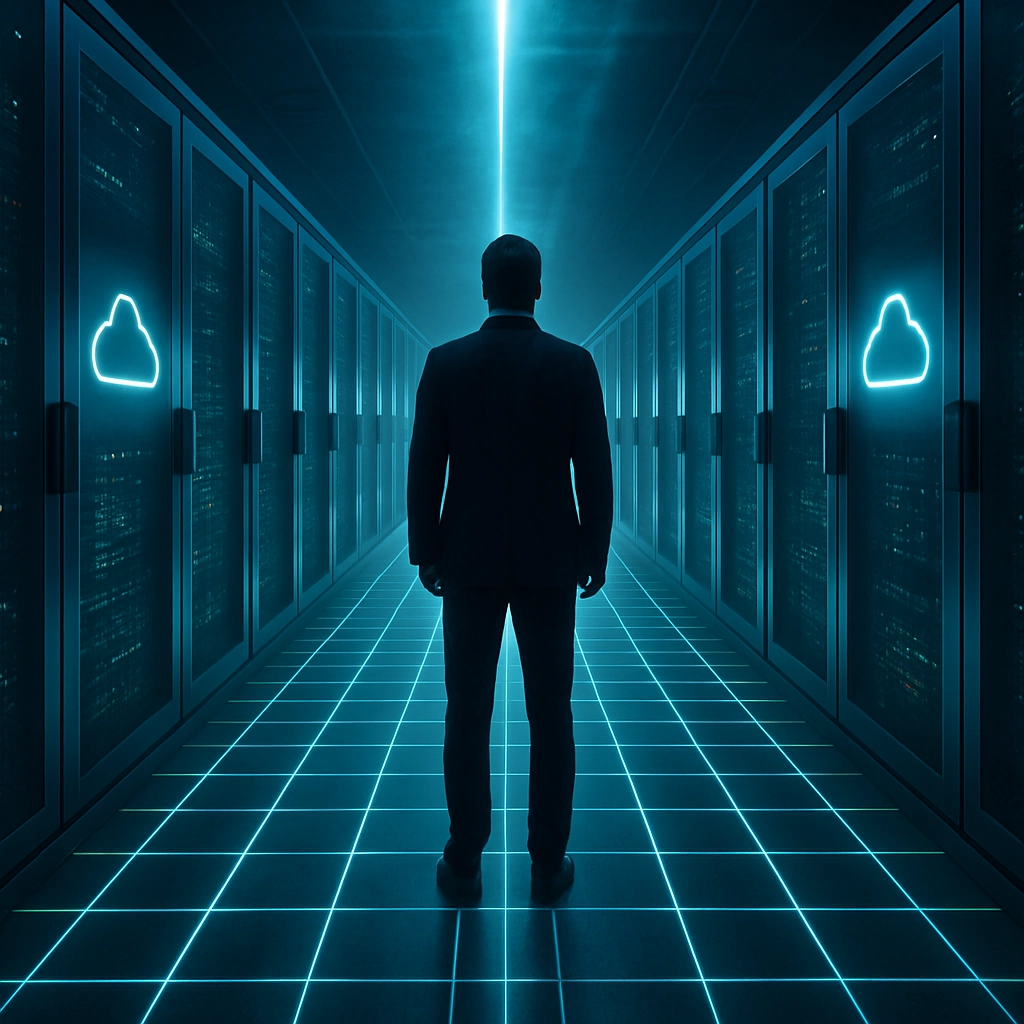 A photorealistic image of a high-tech server room corridor with a glowing digital grid floor and doors labeled with cloud icons, but without any text, letters, or words. The lighting is dramatic, with beams of blue and green light intersecting. A single person in a business suit stands with their back to the camera, looking at the endless corridor, symbolizing the daunting but necessary path of IT modernization. The atmosphere is awe-inspiring but slightly ominous, representing the high stakes involved.
