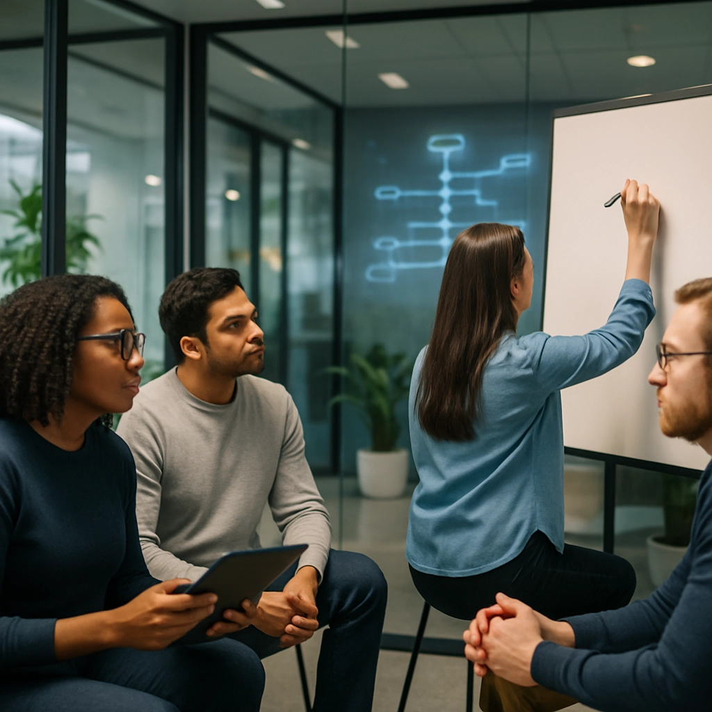 A realistic image of diverse IT team members sitting in a modern, glass-walled meeting room collaborating around a whiteboard. One person holds a tablet, while another writes on the digital board. The room has plants and soft natural lighting. In the background, a holographic display shows a roadmap or timeline. There is absolutely no text or writing on the whiteboard or the hologram. The scene should convey teamwork, communication, and organizational change, crucial for successful IT modernization.