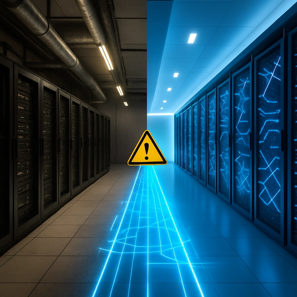 A split scene photorealistic image. The left side shows a traditional on-premises server room with buzzing fluorescent lights and visible cooling pipes, representing the old infrastructure. The right side shows a pristine modern cloud data center with no visible people, only rows of glowing blue server racks with unusual geometric patterns, representing the cloud. A glowing bridge or pathway (made of digital light lines) connects both sides but is partially broken or has a warning sign (without text) in the middle. The image should visually represent the challenge of migration without any text or letters.