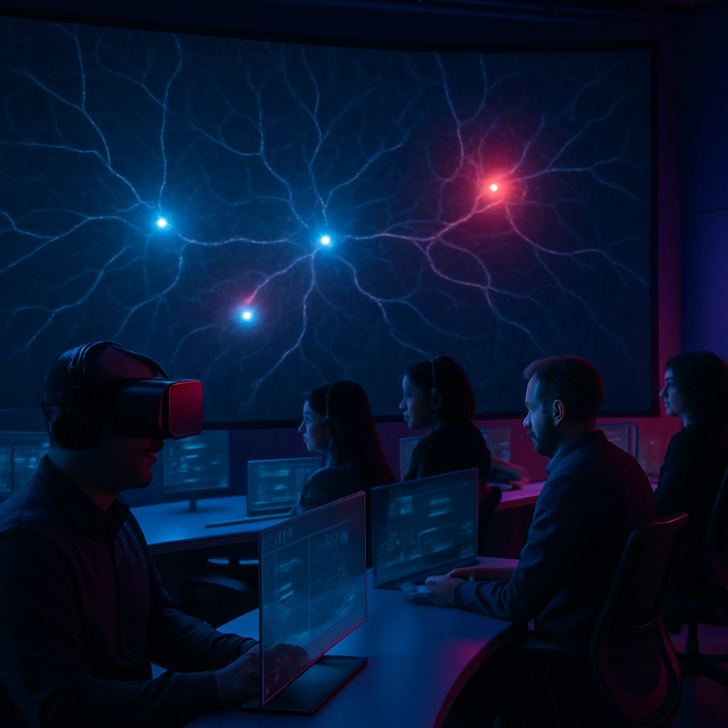 A realistic, futuristic image of a cybersecurity operations center (SOC) with a massive curved screen showing a network map that looks organic, like a neural network, but with no text or letters. A few blue and red anomaly nodes are pulsing. A diverse team of cybersecurity analysts (one person with VR headset) is monitoring the screen from modern curved desks with transparent monitors. The lighting is a mix of dark blue and ambient neon pink, creating a high-tech, alert, but controlled atmosphere. No visible keyboards or labels with text.