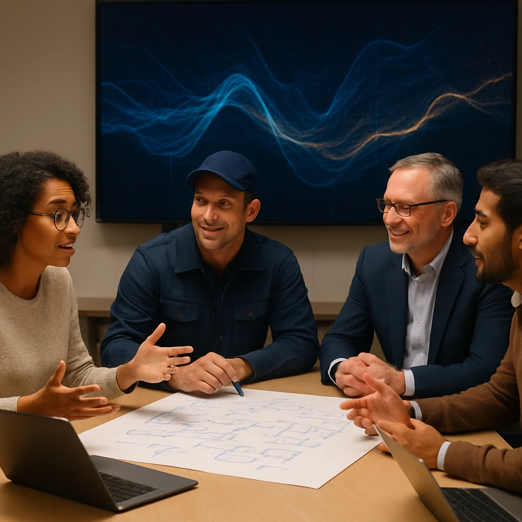 An image showing a diverse group of professionals – including a data scientist, a warehouse manager, and a C-level executive – sitting around a circular table with a whiteboard covered in diagrams and flowcharts. They are engaged in animated, collaborative discussion. In the background, a large screen displays abstract, flowing data streams, but without any text or letters. The atmosphere is one of active listening and mutual respect, illustrating the crucial human collaboration behind AI projects. The style should be photorealistic, corporate, and warm.
