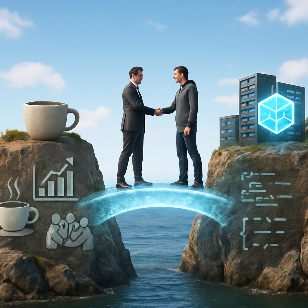 A photo-realistic image depicting a transparent bridge connecting two islands. On the left island, there are symbols of business: a coffee cup, a financial chart, a team huddle. On the right island, there are symbols of technology: server racks, a glowing data cube, abstract code patterns. In the middle of the bridge, two figures, one dressed in a business suit and the other in a casual hoodie, are shaking hands, smiling. The bridge is made of a crystalline, glowing material, symbolizing the strength and clarity of relationships. No text or letters are visible. The scene is vibrant and hopeful.