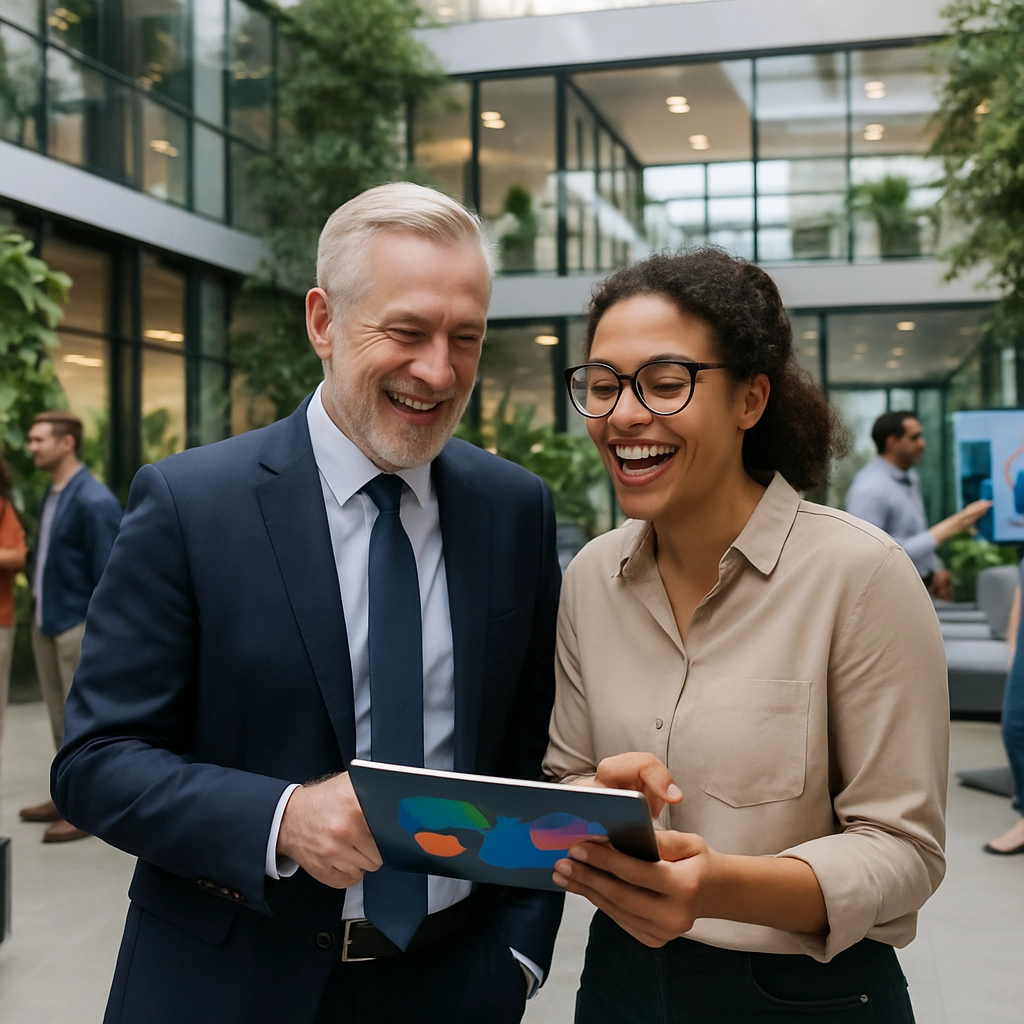 A photorealistic scene showing a CEO and a data scientist laughing together in a modern, green-filled office atrium. They are both looking at a tablet showing abstract data visualizations (no text or numbers). Around them, small groups of employees from different departments – marketing, operations, IT – are casually talking and pointing at other screens. The overall feeling is one of open communication and supportive leadership. The architecture is open, with glass walls and collaborative spaces, emphasizing transparency and connectivity.