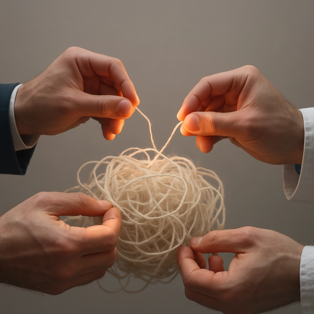 An image, without any text, showing a tangled mesh of fibers representing a complex problem, being carefully untangled by two pairs of hands. One hand is from a person in a business suit, the other from someone in a more technical laboratory coat. Both hands are glowing slightly, indicating the positive energy of collaborative problem-solving. The background is a calm, neutral gradient, focusing all attention on the hands and the fibers. The image is a metaphor for the delicate but essential work of navigating conflict and repairing professional relationships in a high-stakes AI project.