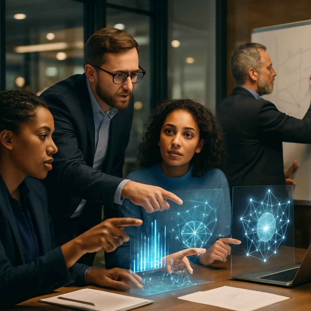 A high-resolution, realistic image of a diverse team of professionals in a modern, glass-walled meeting room, deeply engaged in a discussion. Some are pointing at holographic projections of data charts and AI network diagrams, while others are writing on a whiteboard. The lighting is warm and collaborative, with no text or words visible anywhere. The scene must convey teamwork, trust, and the human element behind technology.