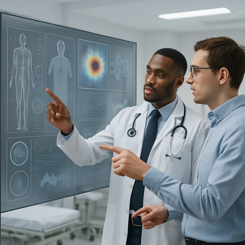 A hyper-realistic image of a modern healthcare setting: a doctor and a data scientist are standing in front of a large, transparent touchscreen displaying complex patient data and AI diagnostic models. They are pointing at the screen and discussing the results, with medical instruments and soft clinical lighting in the background. The image must be detailed and clean, with absolutely no text, letters, or language.