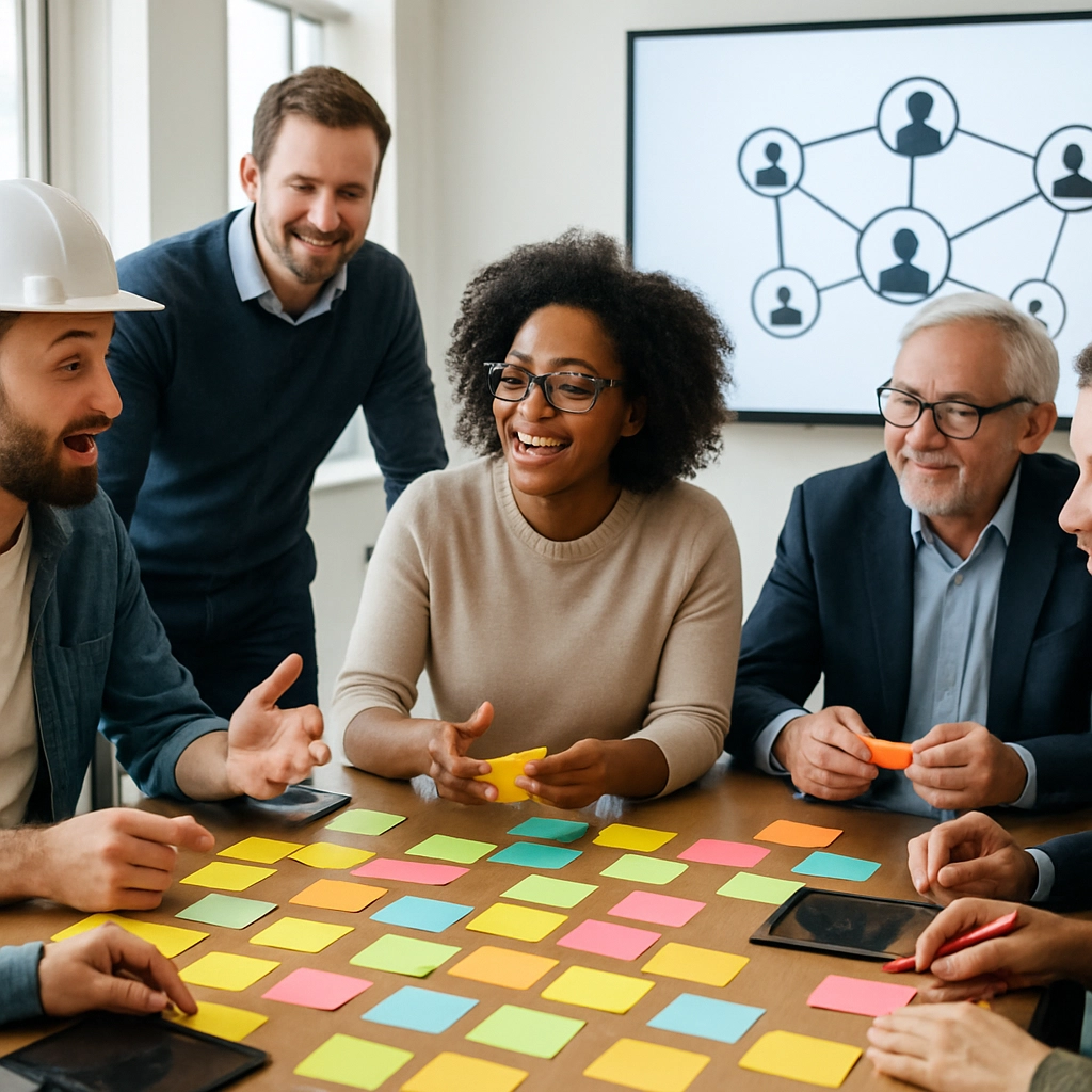 An ultra-realistic image of a corporate team-building workshop in a bright, airy room. Professionals from different backgrounds (engineers, marketers, executives) are sitting around a table covered with sticky notes and digital tablets, actively brainstorming. In the background, a large screen shows a simple network diagram connecting human faces, symbolizing collaborative relationships. The image must be vibrant and realistic, with no text whatsoever.