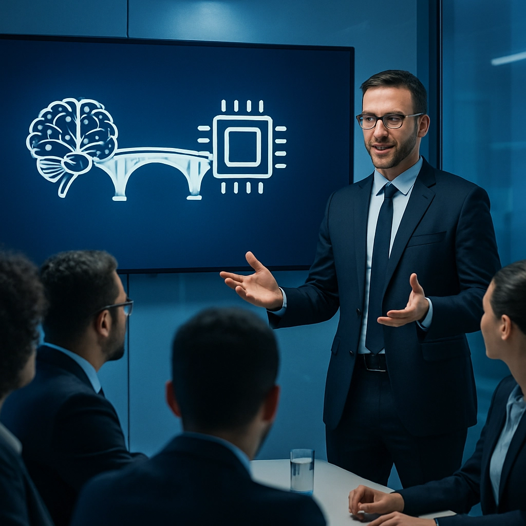A striking, photorealistic image of a corporate leader standing in front of a team, using a digital presentation showing a bridge connecting a human brain icon to a computer chip icon. The team members look engaged and curious. The environment is a high-tech conference room with soft blue lighting. The image must be highly detailed and realistic, containing absolutely no text or words.