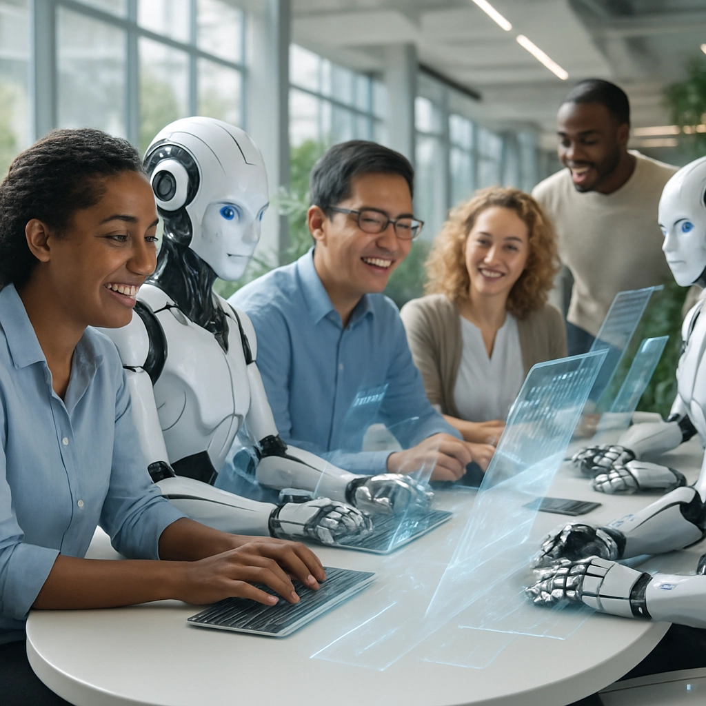 An inspiring, photorealistic, futuristic image showing a diverse group of people and advanced robots working side-by-side at a large, curved workstation. The humans are smiling and interacting naturally with each other and with the machines, while holographic data flows around them. The setting is a clean, open office with plants and ample natural light. The image must be highly detailed and contain absolutely no text, letters, or words.