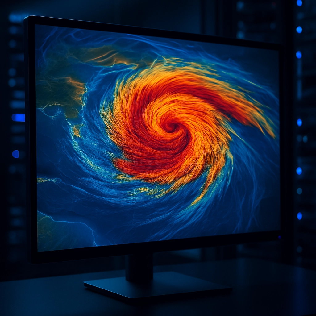 A photorealistic, close-up image of a weather simulation visualization on a high-resolution monitor. The screen shows a swirling, three-dimensional atmospheric model over a blue ocean, with shades of red, orange, and yellow indicating temperature gradients and storm cell development. The monitor is set in a dark, server-room environment, with subtle blue LED lighting reflecting off the screen. The image must contain NO text, letters, or words, only the visual data representation and hardware.