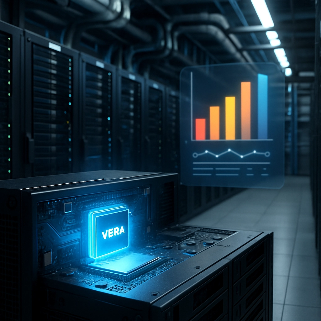 A highly detailed, photorealistic image of a server room with a row of servers. The foreground server has a glowing blue light emanating from a chip slot, representing the Vera CPU. In the background, multiple server racks are visible, cooling pipes and cables neatly organized. A holographic-like overlay in the center of the room shows a graph with a bar chart comparing performance metrics (watts, GFLOPS, memory bandwidth) but the graph itself must contain NO text, letters, or words, only colored bars and numerical representations using numbers or abstract shapes to represent the data.