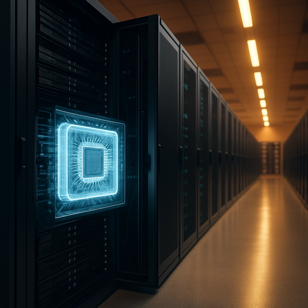 A photorealistic image of a futuristic data center floor. In the foreground, a single server rack is open, showing a glowing, transparent chip (the Vera CPU) with complex internal circuit traces visible. Behind it, other racks fade into a warm, ambient light. The perspective is a wide-angle shot that conveys a sense of scale and innovation. The image must contain NO text, letters, or words, only the server hardware and the architectural environment of the data center.