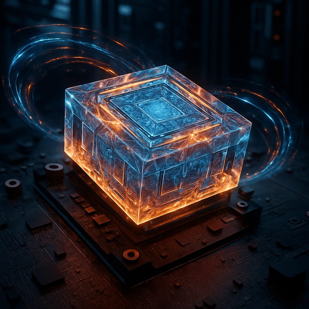 A highly detailed, photorealistic image of a glowing, crystalline GPU chip labeled 'Blackwell Ultra' on a futuristic motherboard, surrounded by swirling digital data streams in blue and orange. The chip has an intricate, geometric design with multiple layers. The background shows a dimly lit server rack with other components partially visible. The image must contain no text, letters, or words, only the visual representation of the advanced hardware.
