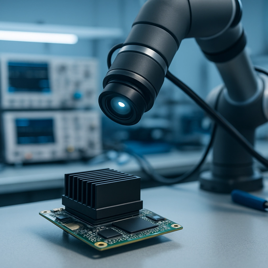 A photorealistic image of a small, green circuit board module labeled 'Jetson Thor' with a heatsink, placed on a workbench next to a robotic arm. The robotic arm has a camera lens pointing at the module, and the background shows oscilloscopes and tools in an electronics lab. The lighting is bright and sterile, with cool blue tones. The image must not contain any text, letters, or words, only the hardware and lab environment.