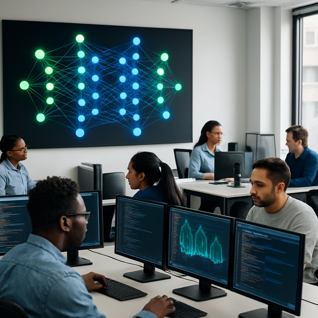A photorealistic image of a modern, open-plan office with a diverse team of engineers and data scientists working at dual-monitor workstations. On a large wall screen, a colorful neural network topology map is displayed, with nodes glowing in green and blue. The scene is professional and collaborative, with a clean, minimalist design. The image must have no text, letters, or words.