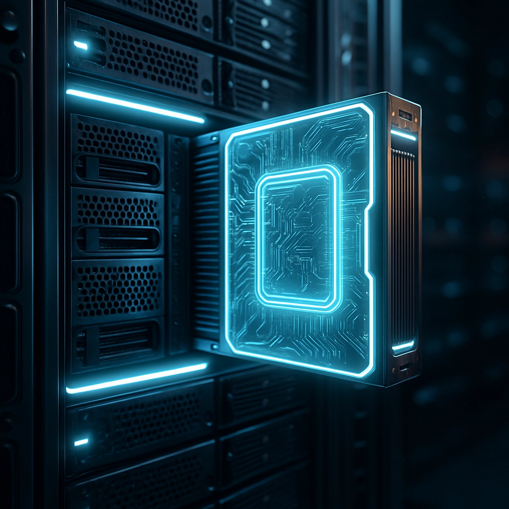 A highly detailed, photorealistic, 3D render of a futuristic data center server rack. A single highlighted server blade labeled 'Grace CPU' is being inserted into the rack, glowing with a cool blue neon light. The scene is illuminated by precision LED strips, showing intricate circuit patterns and cooling fins. The background is a dark, high-tech environment with blurred reflections of other server modules. No text, letters, or words are visible in the image. The focus is on the advanced engineering and computational power of the processor, with dust motes and subtle lens flares adding realism.