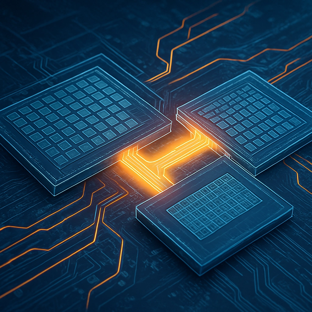 A detailed, realistic diagram within a high-tech motherboard scene. The diagram shows two dies: one labeled 'Grace CPU' with an ARM logo and multiple cores aligned in a grid, connected via a glowing bridge (labeled NVLink-C2C) to a second die labeled 'Hopper GPU'. The background shows a futuristic circuit board with glowing traces. The image should illustrate the architecture of the unified memory interface. No text, letters, or words are visible in the image. The style is a combination of a blueprint and a realistic 3D render, emphasizing the physical connection between the two dies.