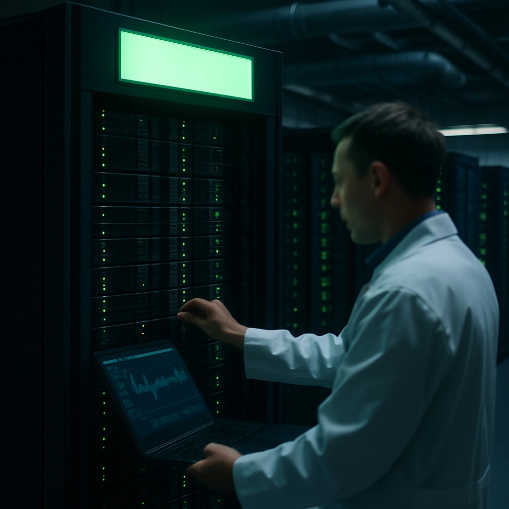A realistic, cinematic photo of a server room inside a large tech company. The focus is on a single server rack with a bright green 'Data Center' sign above it. Several racks are visible in the background, with cooling pipes running along the ceiling. A technician in a white lab coat is adjusting one of the server blades, but the face is blurred for anonymity. The lighting is cool and blue, with a mix of green LEDs from the servers. The image should convey the scale and complexity of modern data centers, with the technician looking at a screen showing performance graphs. No text, letters, or words are visible in the image.