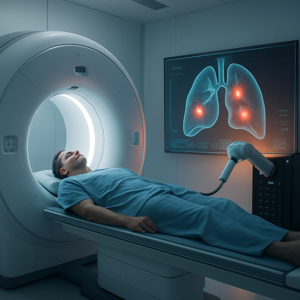 A futuristic medical clinic. A patient is lying inside a large, circular CT scan machine. In the background, a large holographic screen displays a 3D rendering of a human organ, with glowing red spots highlighting potential tumors. A robot arm with a data cable connects the CT machine to a server rack labeled 'Grace'. The lighting is a mix of cool medical white and warm orange from the hologram. The image should convey the medical and diagnostic applications of the processor. No text, letters, or words are visible in the image. The style is photorealistic, high resolution, with a clean, clinical atmosphere.