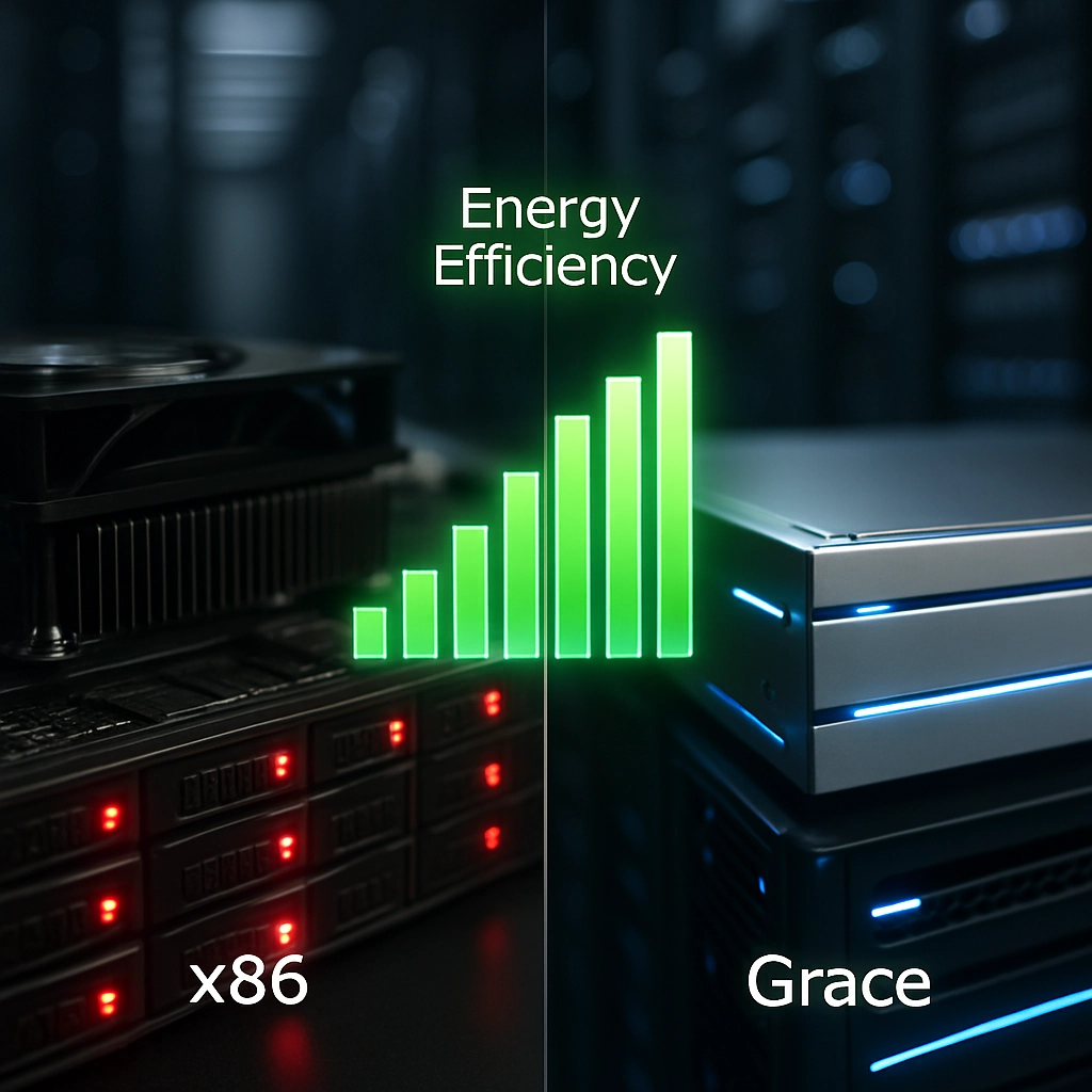 A split-screen comparison image. On the left side, a classic x86 server rack with multiple blinking red LEDs and a large, bulky cooler. On the right side, a sleek, silver server rack with blue LED strips and a compact design, labeled 'Grace'. A glowing green bar graph in the center overlays the scene, showing 'Energy Efficiency' ranking high on the Grace side, and 'Price' ranking high on the x86 side. The background is a data center with blurred server rows. The image should visually contrast the two architectures. No text, letters, or words are visible in the image. The style is a blend of macro photography and data visualization.