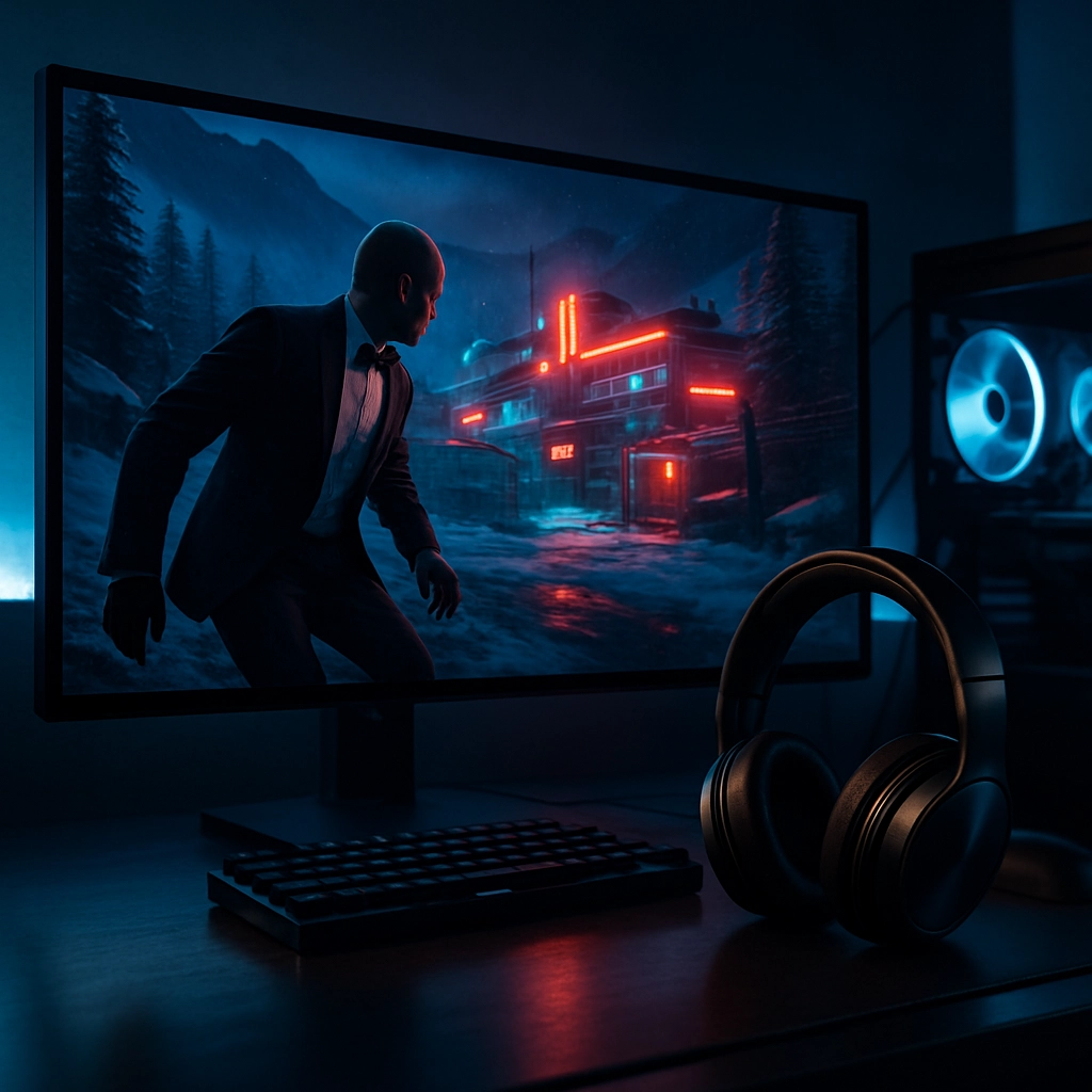 A photorealistic digital image of a futuristic gaming setup. On the monitor, a high-definition scene from a spy thriller first-person shooter game is displayed, showing a tuxedo-clad character infiltrating a snowy Siberian facility with neon lights in the background. The reflection of the game is visible in a pair of sleek wireless headphones resting on a desk. The image must contain no text, letters, or words. The mood is cinematic, dark, and atmospheric.