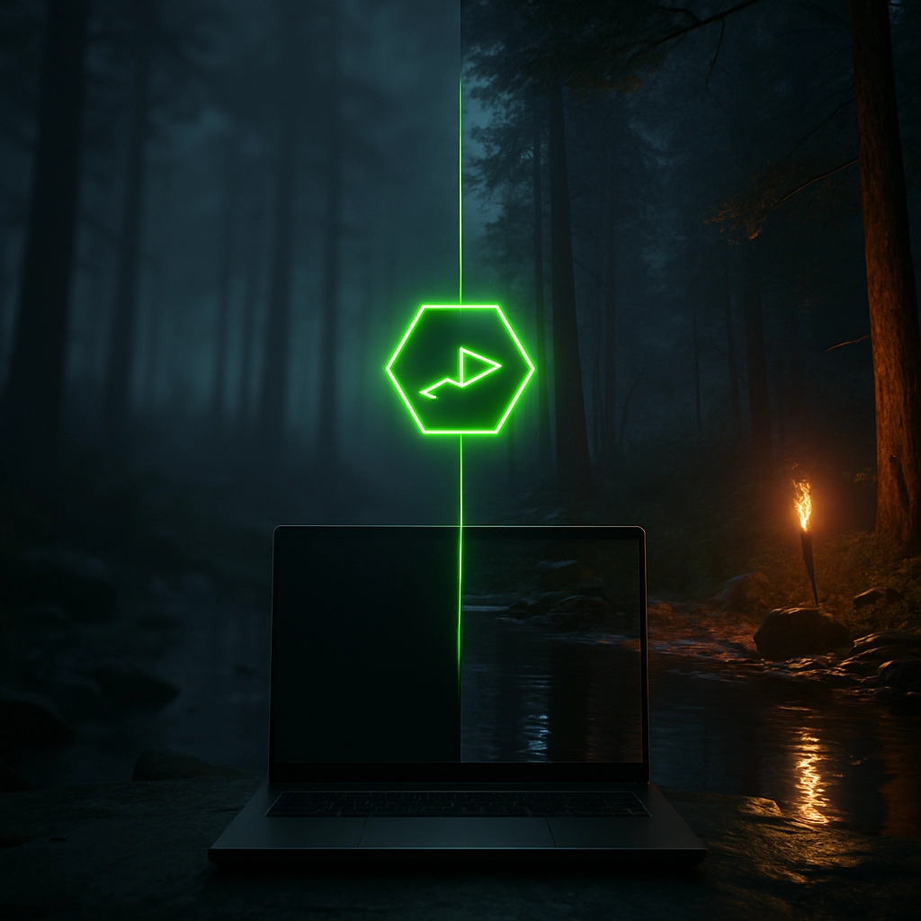 A hyper-realistic split-screen image. The left side shows a blurry, low-resolution gameplay of a forest scene from a survival horror game. The right side shows the exact same scene rendered in pristine high definition with ray-traced water reflections and dynamic lighting. A single sleek, black laptop sits in the center of the image, connected to a glowing green NVIDIA GeForce NOW logo. The image must contain no text, letters, or words. The lighting should highlight the dramatic difference between the two halves.