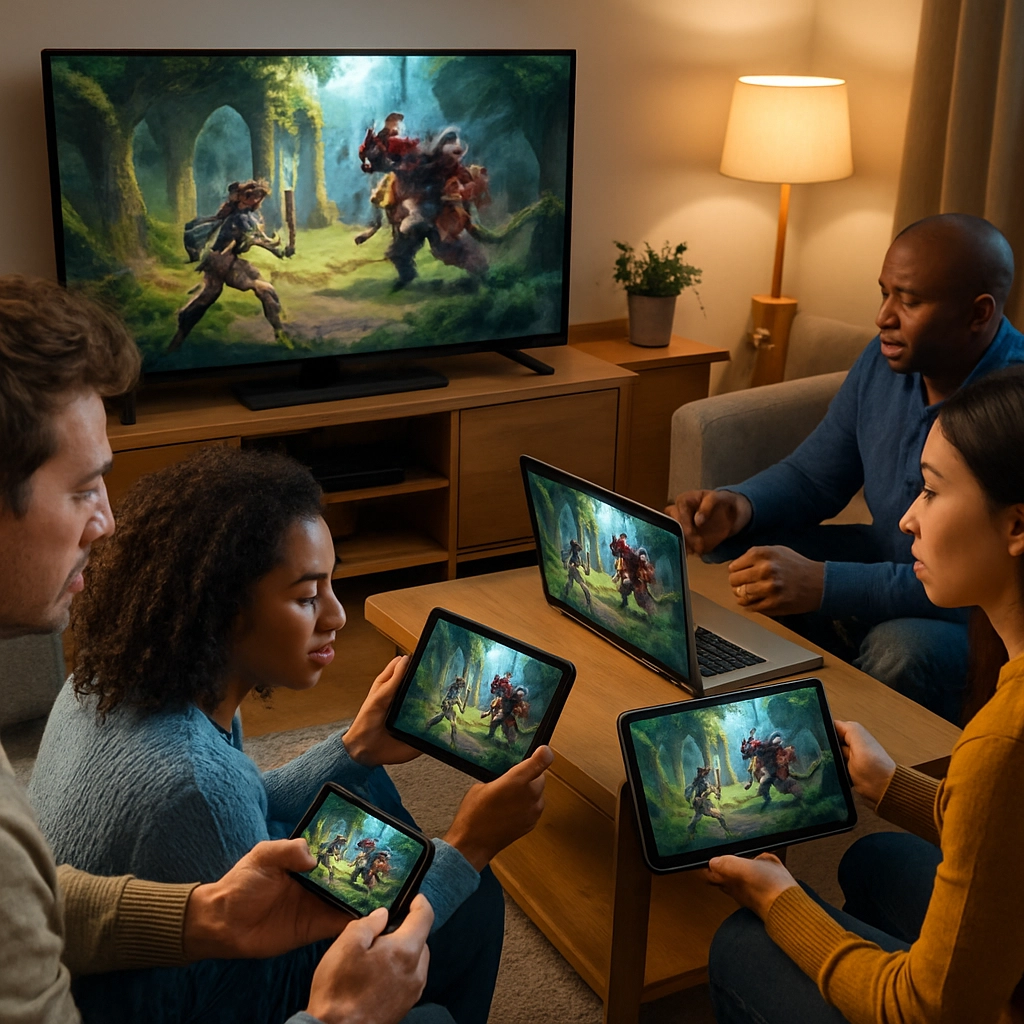 A realistic, high-angle photo of a diverse group of people in a modern living room, each holding different devices: a smartphone, a tablet, a laptop, and a smart TV. On every screen, the same game (a vibrant fantasy RPG) is displayed, but with identical graphical fidelity. The scene is cozy, with warm ambient lighting. The composition should emphasize the concept of cross-platform continuity. The image must contain no text, letters, or words.