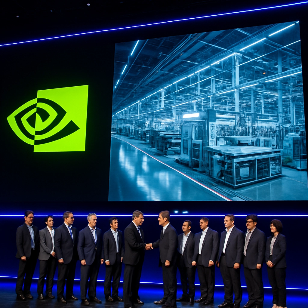 A photorealistic image of the main stage at NVIDIA GTC Taipei 2026, with a giant LED screen displaying the NVIDIA logo and a digital twin of a semiconductor factory. The stage is packed with engineers and executives from TSMC and Foxconn, shaking hands. The lighting is dramatic, with blue and purple neon accents. No text, letters, or words are visible.