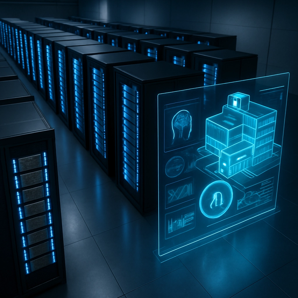 A photorealistic bird's-eye view of a futuristic data center for DGX Cloud, rows of NVIDIA H200 GPU servers glowing with blue LED lights. A holographic interface shows a 3D model of a hospital with an AI diagnostic tool running. The scene is clean, modern, and high-tech. No text, letters, or words are visible.