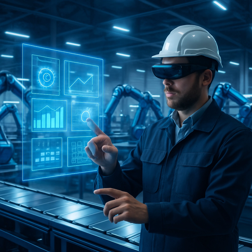 A photorealistic 3D render of a digital twin of a smart factory from Foxconn, with robotic arms and conveyor belts moving in perfect synchronization. In the foreground, an engineer wearing augmented reality glasses gestures to a holographic UI. The factory floor is clean and illuminated with blue neon light. No text, letters, or words are visible.