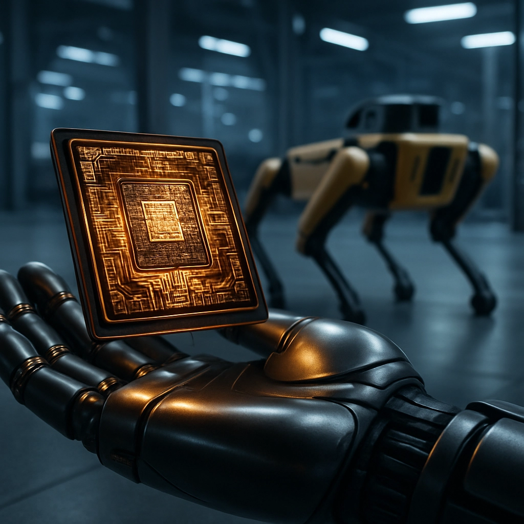 A close-up photorealistic image of the NVIDIA Thor chip, glowing with intricate circuit patterns, placed on a sleek robotic hand. In the background, a Boston Dynamics Spot robot is shown in a futuristic factory setting. The image is highly detailed with reflections and lighting effects. No text, letters, or words are visible.