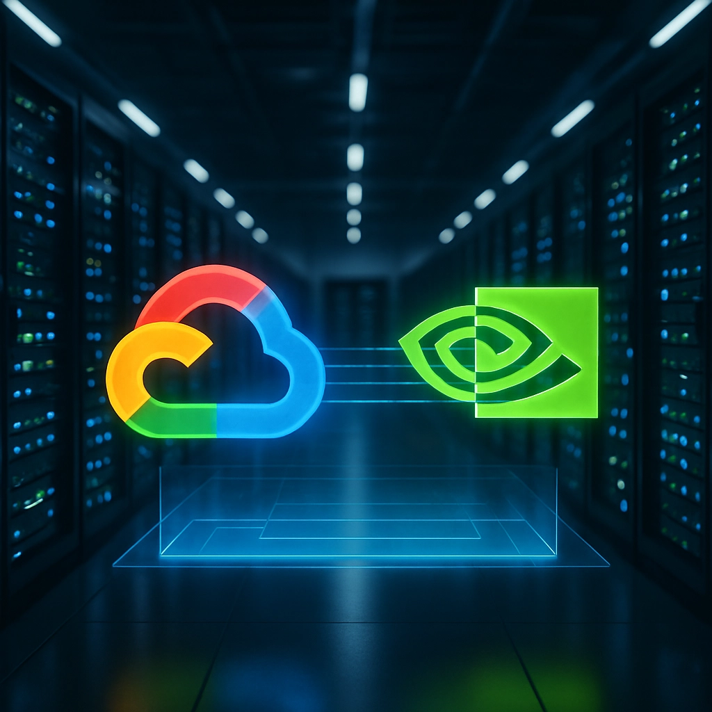 A highly realistic, photorealistic wide shot of a modern cloud data center interior. Rows of server racks with glowing blue and green LED status lights. In the foreground, a digital holographic display shows the Google Cloud logo on one side and the NVIDIA logo on the other, with glowing lines connecting them. The lighting is cool and futuristic, with a shallow depth of field focusing on the central holographic display. No text, letters, or words are visible anywhere in the image. The image is ultra-detailed, 8K, cinematic, and evokes a sense of immense computational power.