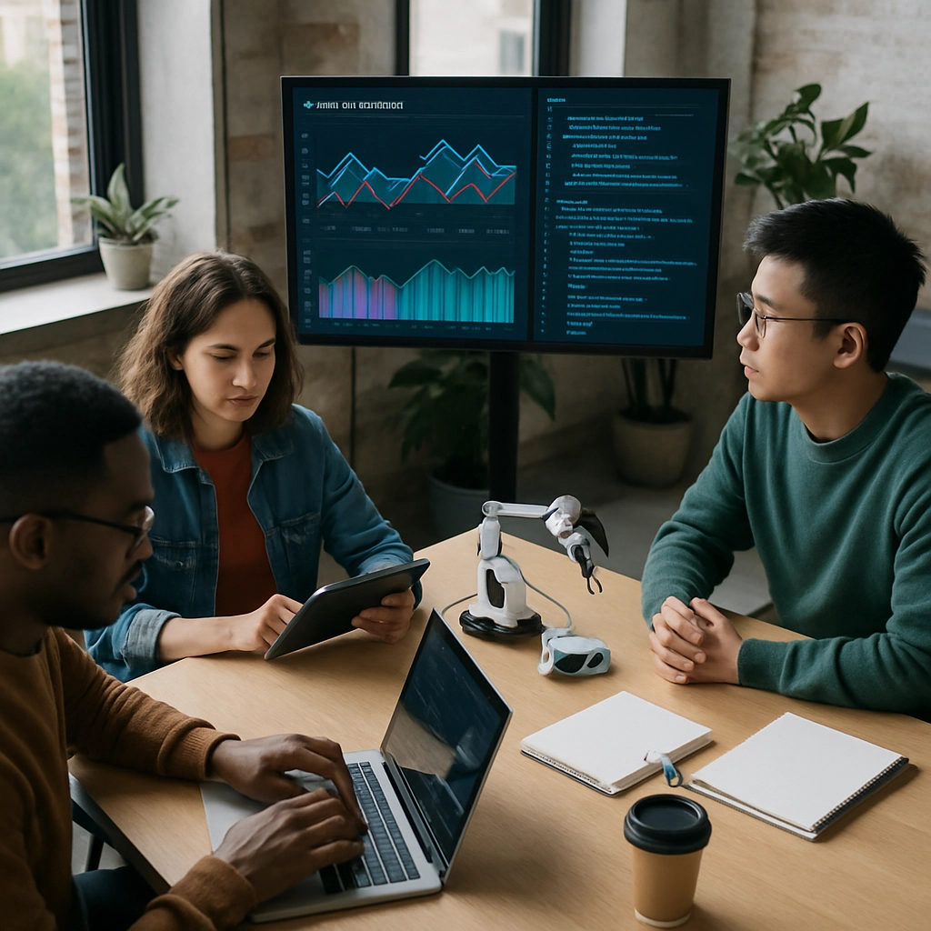 A photorealistic, high-angle shot of a modern co-working space or tech lab. A diverse group of three people are sitting at a table. One person is on a laptop, another is using a tablet, and the third is looking at a large screen showing a detailed AI model training dashboard with charts and code. The screen displays abstract data visualizations but no readable text or letters. The room has ambient natural light from a large window. There are notebooks, coffee cups, and a small robotic arm prototype on the table. The image captures a focused, collaborative atmosphere. No text anywhere.