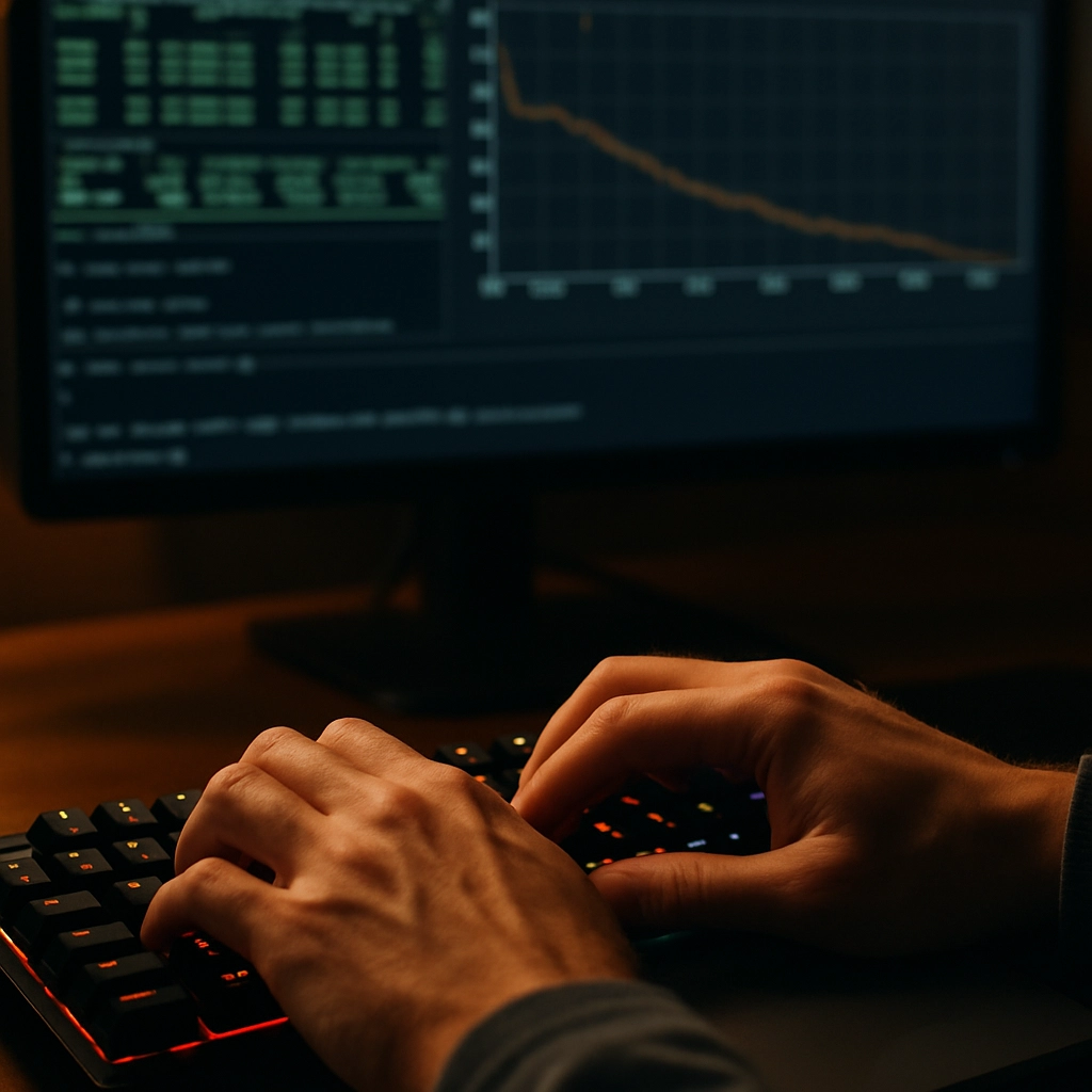 A realistic, high-quality, close-up shot of a developer's hands typing on a backlit mechanical keyboard. In the background, a large monitor displays a complex terminal window with multiple panes showing GPU utilization metrics, model loss curves, and a command line. The screen glow is subtle. A sleek NVIDIA and Google Cloud branded sticker is on the laptop lid. The focus is on the hands and the vibrant keyboard, with the background screen showing abstract, blurry code but no readable text, letters, or words. The lighting is warm. The image conveys focus, high productivity, and technical deep work.
