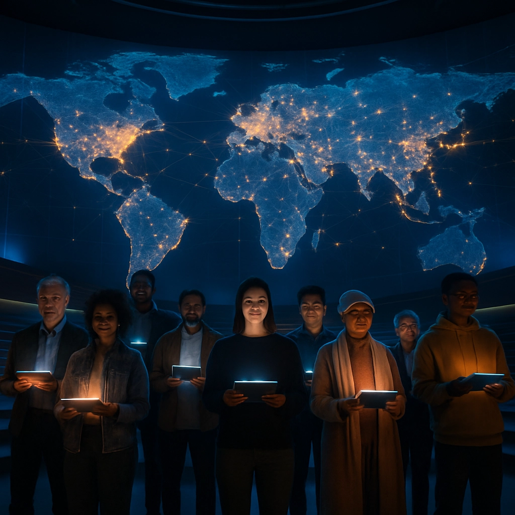 A futuristic, photorealistic, wide-angle shot of a diverse group of people from different backgrounds (various ages, ethnicities, and clothing styles) standing in a sleek, modern amphitheater. They are holding glowing holographic devices or tablets. Above them, a massive, curved screen displays a dynamic digital visualization of a global map with interconnected nodes representing AI community members worldwide. The lighting is dramatic with blue and orange tones. There is no text, letters, or words on the screen or devices. The scene represents global connection, technology, and community. The image is sharp, 8K, cinematic, and inspirational.
