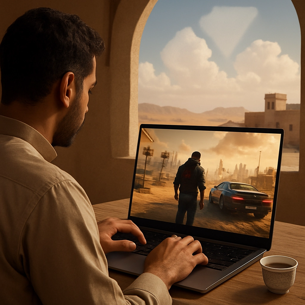 A realistic, high-resolution image of a gamer using a laptop to play a graphically intense game like 'Cyberpunk 2077' on a desert-themed background, with the NVIDIA GeForce NOW logo subtly integrated into the sky (but without any text or letters). The scene showcases cloud gaming in a modern Arabic setting, with a cup of Arabic coffee on the desk. No text, letters, or words visible.