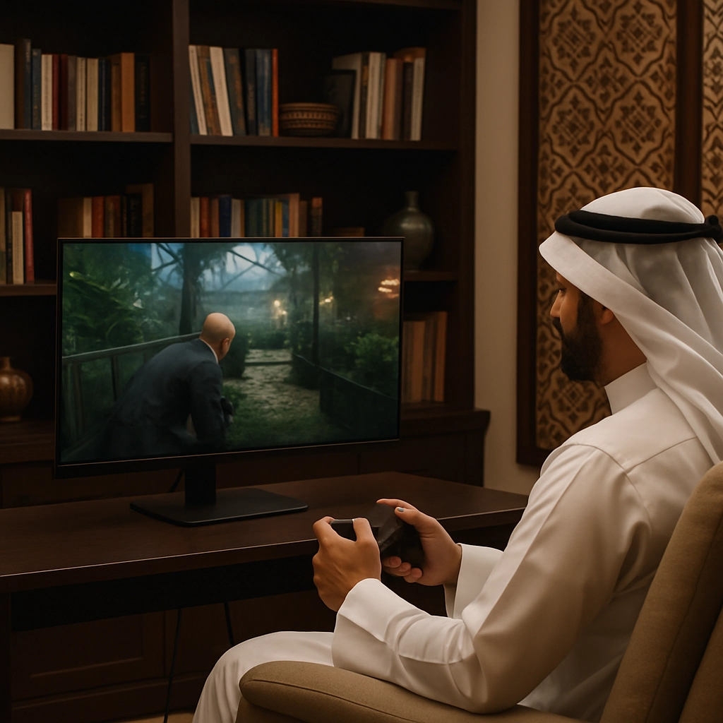 A realistic image of a gamer sitting in a comfortable chair in a modern Arabic home library, playing 'HITMAN World of Assassination' with stealth elements, showing the game running at high frame rates on a cloud gaming interface with no visible interface text. The background includes traditional Arabic patterns. No text, letters, or words visible.