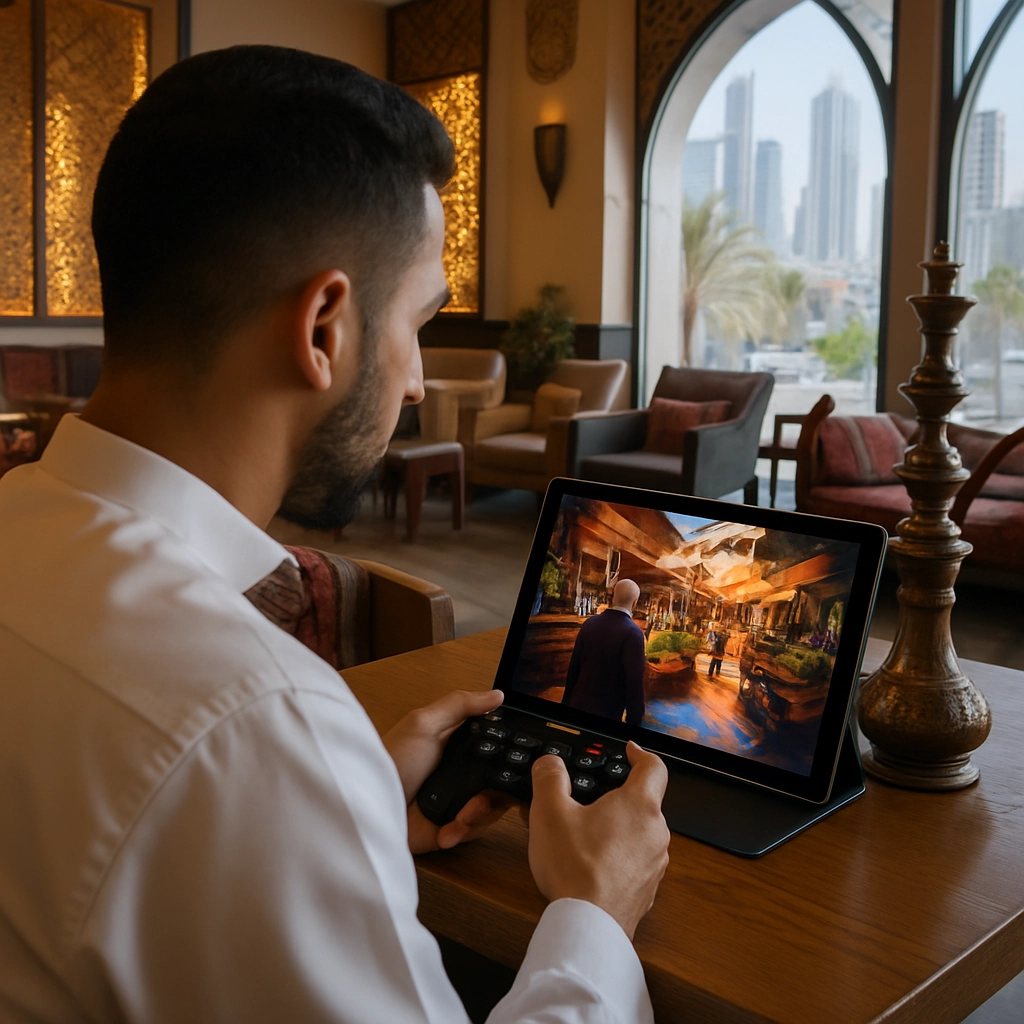 A realistic scene depicting a gamer in a modern Arabic café, using a tablet and a controller to play 'HITMAN World of Assassination' with ray tracing enabled, showing the game's vibrant colors and high detail. The café has modern Arabic decor with a view of a city. The screen shows the game but without any text or HUD elements. No text, letters, or words visible.