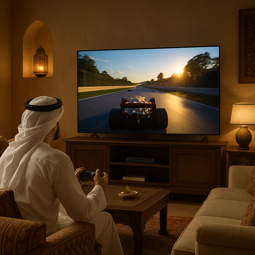 A realistic image of a gamer using a high-end TV in a modern Arabic luxurious living room to play a high-speed racing game like 'F1 23' or 'Forza Horizon 5' via GeForce NOW, showing the game running at 4K HDR with no visible interface text. The room features Arabic-style furniture and lighting. No text, letters, or words visible.